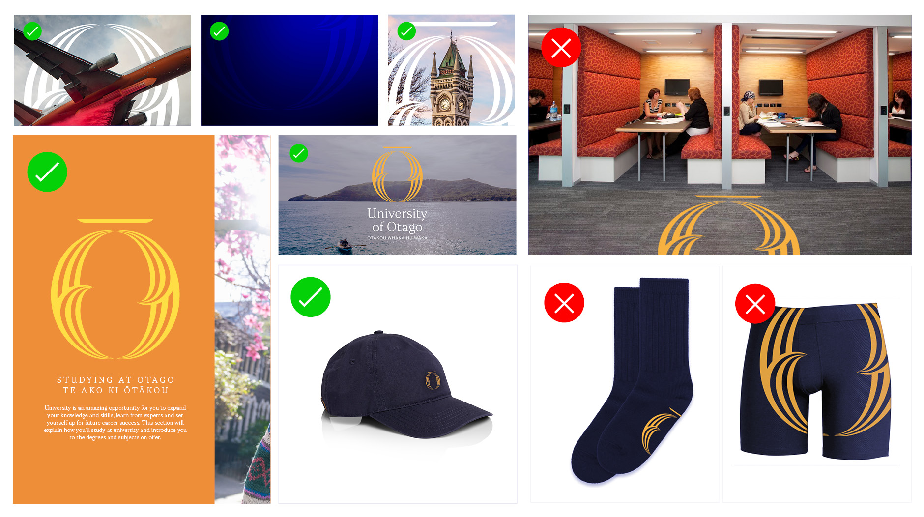 Examples of the University of Otago tohu being used correctly (on digital and print marketing materials, and on a hat) and incorrectly (on carpet, on the sole of socks, on a pair of undershorts).