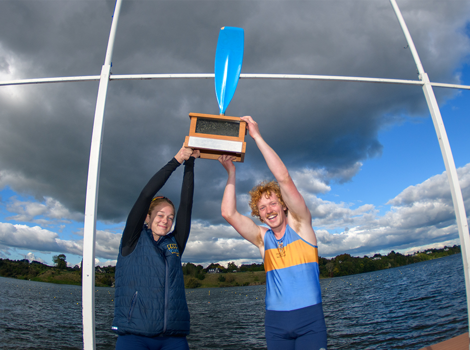 Otago rowing captains Brooke Pitchford and Teddy George with the Ashes cup for overall points won.