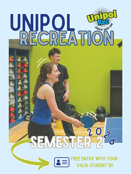 Unipol Rec cover - a pair of students on a team playing table tennis