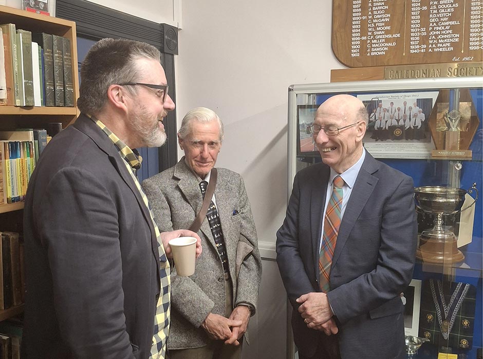 Pictured at a gathering of Dunedin's Scottish community are, from left, Professor Liam McIlvaney (Stuart Chair in Scottish Studies) with Bruce Spittle (representing the Dunedin Burns Club), and Dr Royden Somerville KC (representing the Otago Scottish Heritage Council).  