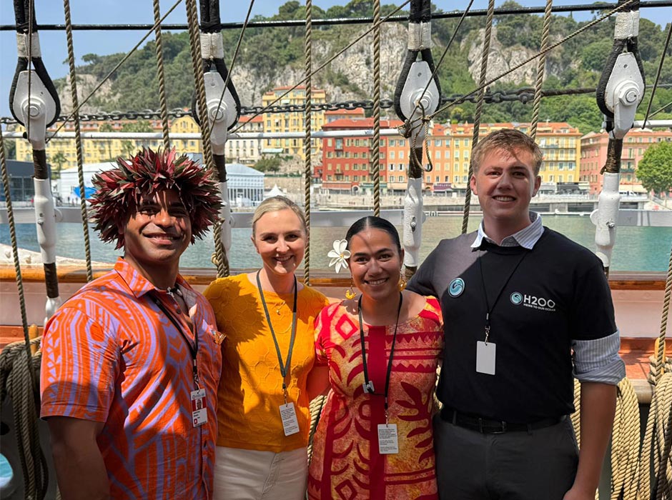 Noah McBirney-Warnes, right, enjoyed the chance to explore and connect in Nice with, from left, Hopotoa Jinnam (a Diplomat from Niue), Anna Campbell (General Manager of the Yellow Eyed Penguin Trust in Dunedin) and Pasisi Shiloh (a Diplomat from Niue).
