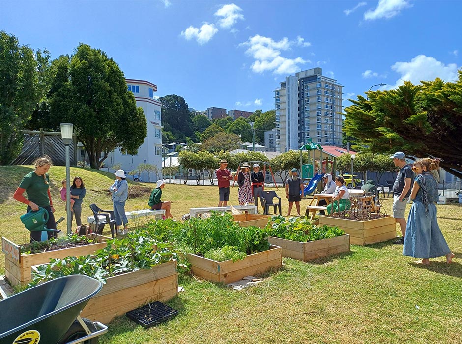 Te Ngae’e o Rau ‘īnau – the māra kai (food garden) at the Pukehīnau Flats in Pōneke evaluated by researchers from the Public Housing and Urban Regeneration Research Programme at the University of Otago, Wellington. 
