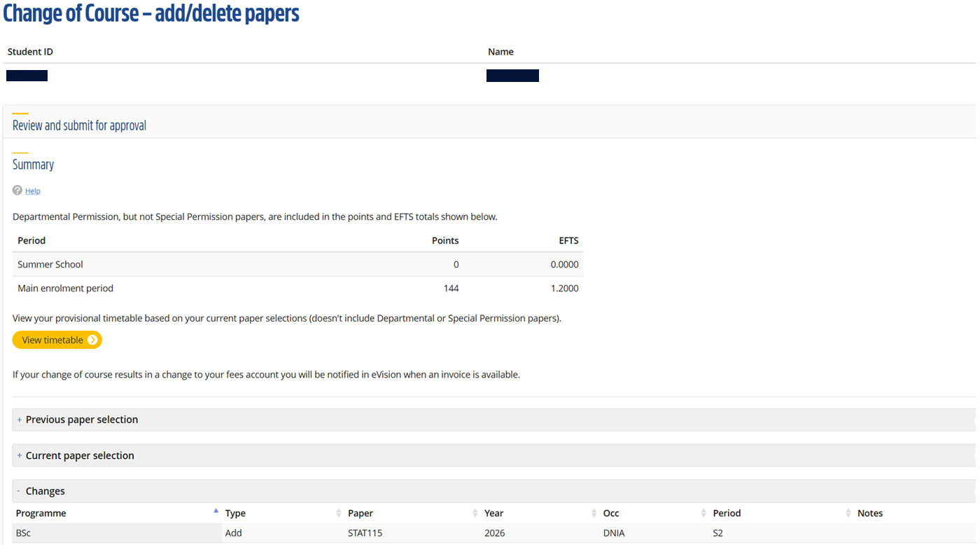 Change of course - add/delete papers screen in evision, with Review and submit summary, and chance to view timetable (yellow button).