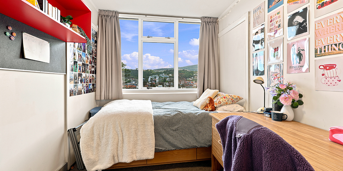 Studnt bedroom with bed under window