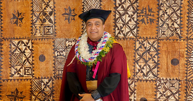 Dr Amanaki Lelei He Lotu Misa, pictured in his regalia following his graduation yesterday.