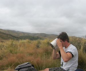 Leighton stopping for a coffee break in the field