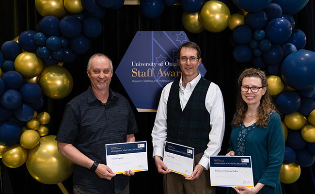 School of Surveying well-being team Fraser Jopson, Kelly Gragg and Christina Hulbe, absent Emily Tidey staff awards image
