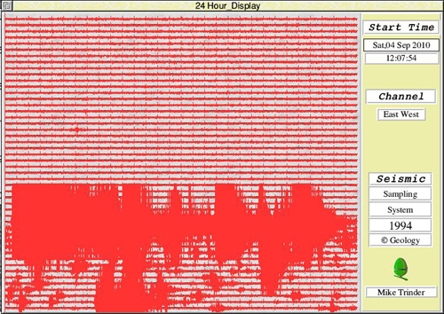 saturday 4-9-2010 seismogram housed in the Otago University Geology department building. Shows the shaking caused by the Darfield Earthquake (near Chrischurch)-500px