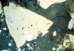 Whataroa vein gold. Fine grained gold particle (about 1100th of a millimetre across, in center of picture) as seen under a microscope. The gold is totally enclosed in pyrite (pale yellow).