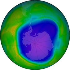A illustration of the Earth showing the Antarctic ozone hole, which covers all of mainland Antarctica.