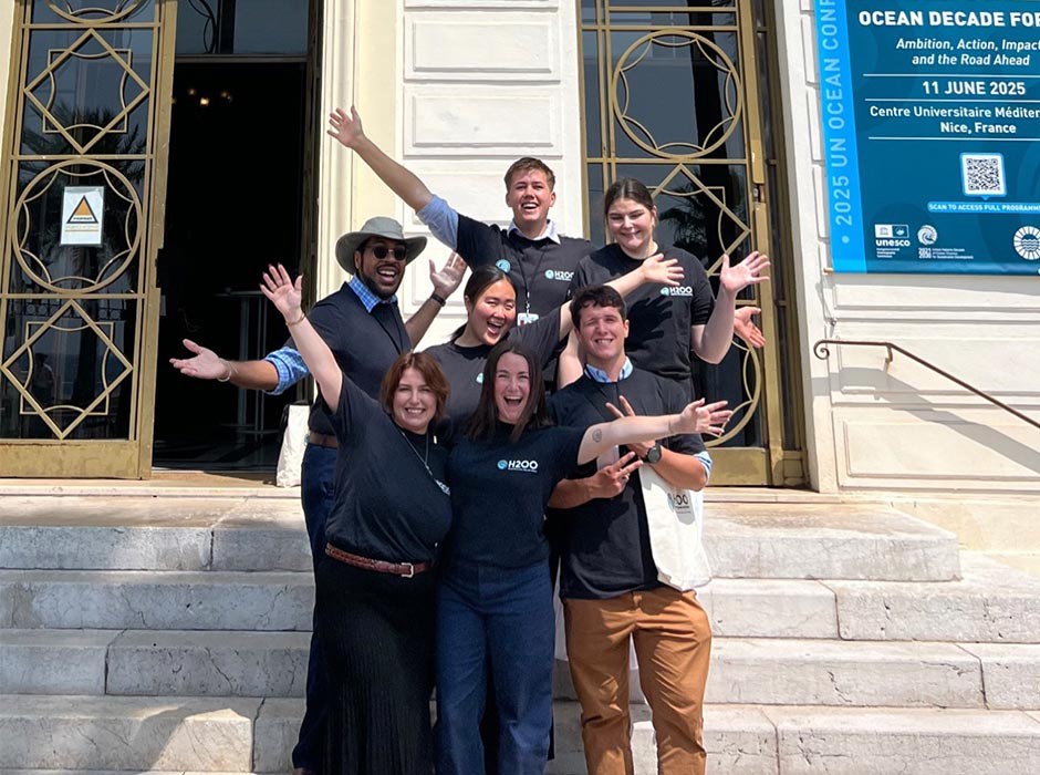 Delegates from the United States, Canada and Spain are pictured with Noah McBirney-Warnes (top) ahead of presenting the youth inclusion strategic action plan in the Centre Universitaire Méditerranéen.