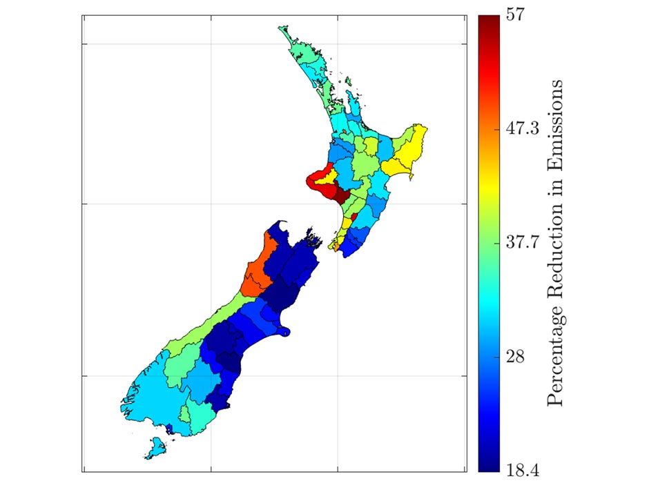 Percentage reduction in greenhouse gas emissions associated with residential heating for a future scenario where all remaining fossil fuel space and hot water heating is converted to heat pumps.