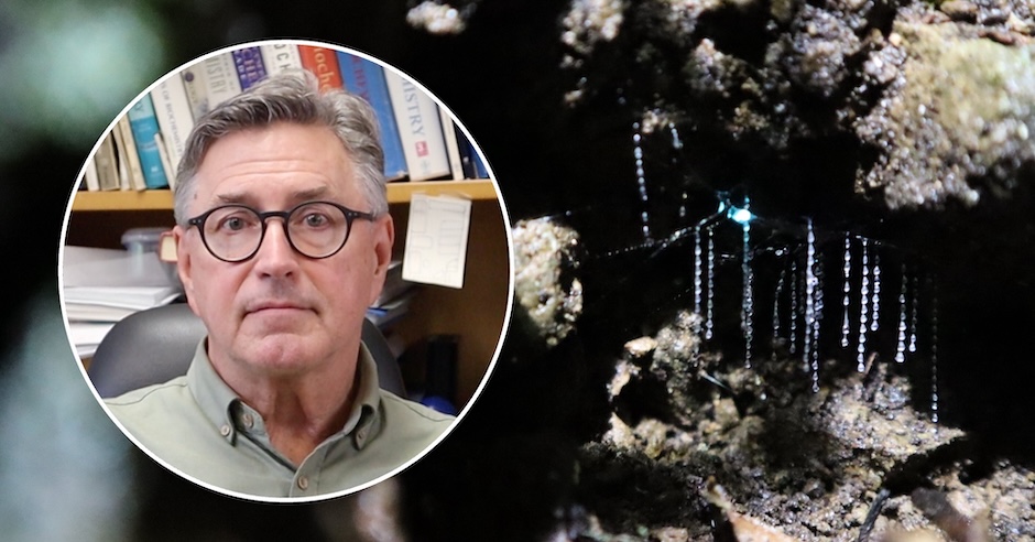 Left, a headshot of a man in front of a bookshelf; right, a closeup shot of a dark crevice in a rock, decorated with hanging strings of droplets, with a bluish light emerging from inside.
