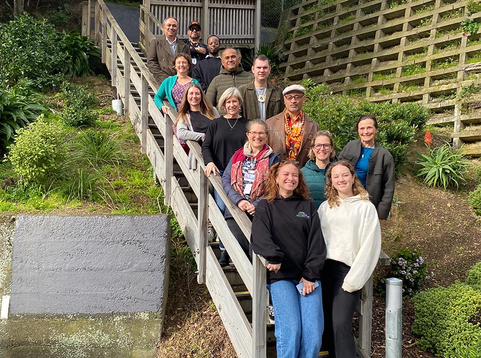 The researchers on the Wellington campus, front row (from left) Meretene Davis (youth adviser), Yvette Sapatu (the Village Collective, Auckland); second row Dr Emily Cavana (University of Otago, Wellington), Dr Rebecca Mitchell (University of Canterbury), Associate Professor Kaaren Mathias (University of Canterbury); third row Jude Crump (Number 10, Invercargill), Latu To'omaga (The 502, Porirua); fourth row Fiona Kay (Te Tahi Youth, Christchurch), Dr Jake Aitken (University of Otago, Wellington); fifth row Associate Professor Ruth Cunningham (University of Otago, Wellington), Taitu'uga Rokeni Tofeono (the Village Collective, Auckland); sixth row Dr Jalal Mohammed (University of Canterbury), Reo Va'a (The 502, Porirua), Taim Lightwood (youth adviser).  