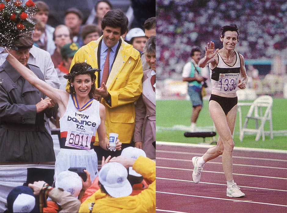 A composite image of two photos showing Lorraine Moller celebrating sporting victories.