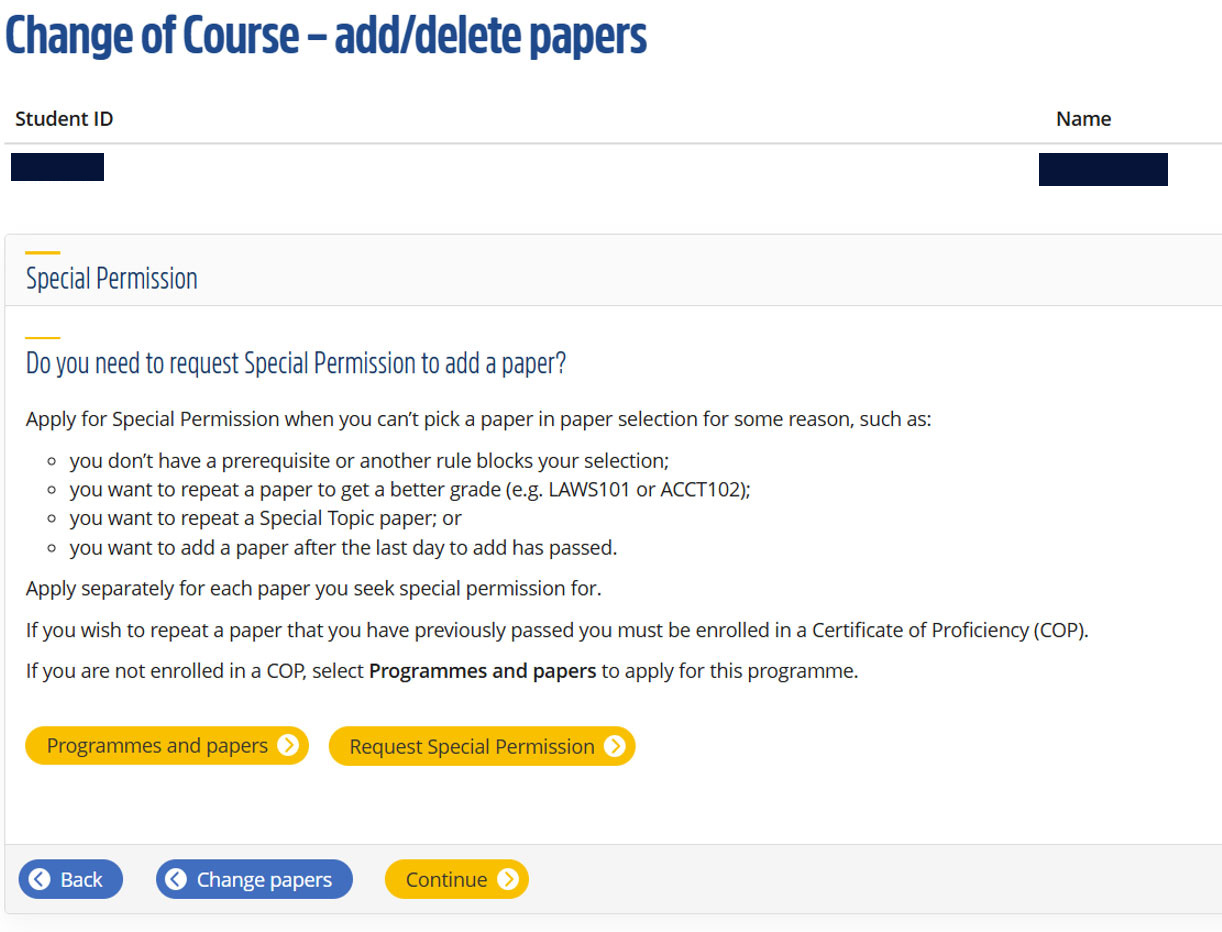 Change of course - add/delete papers screen, with Special permission section asking whether you need special permission to add a paper and 2 yellow buttons 'Programmes and papers' (left) and 'Request special permission' (right).