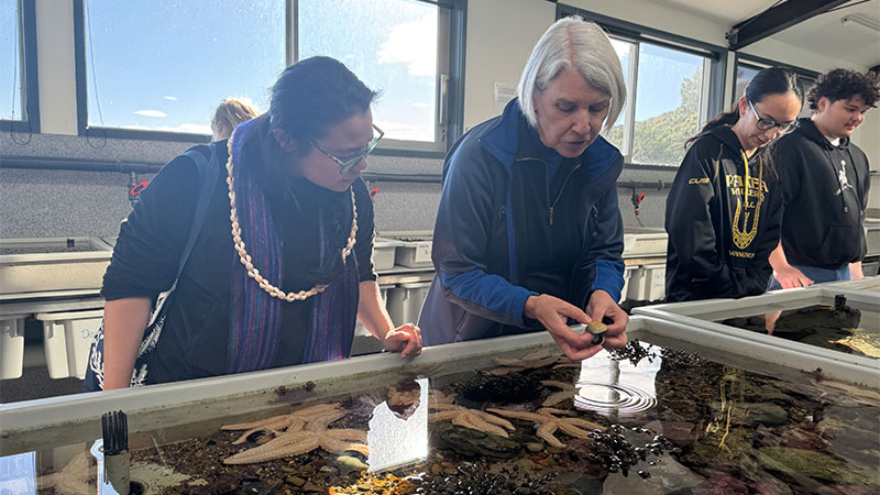 Two women explore the touch pools at  during a visit to the New Zealand Marine Studies Centre in Portobello.