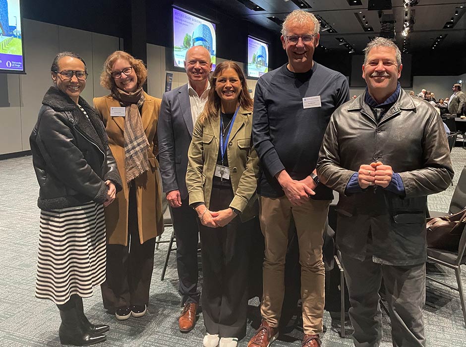 University of Otago staff attending the MDANZ conference. From l-r: Dr Maira Patu, Professor Suetonia Palmer, Professor Lutz Beckert, Professor Suzanne Pitama, Professor Tim Wilkinson and Pou Tiaki at the Faculty of Medicine in Christchurch Ōtautahi, Te Marino Lenihan.