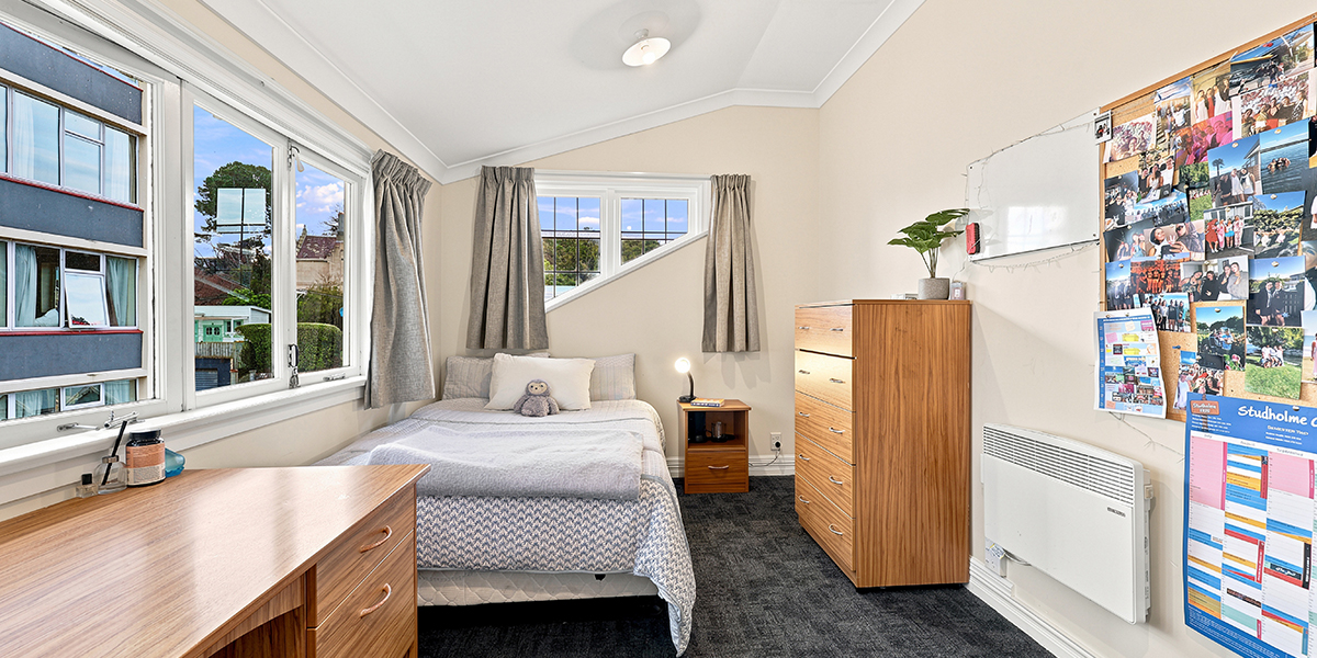 Student bedroom  with desk, bed and wardrobe