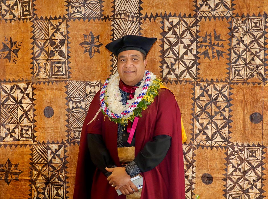 Dr Amanaki Lelei He Lotu Misa, pictured in his regalia following his graduation yesterday.