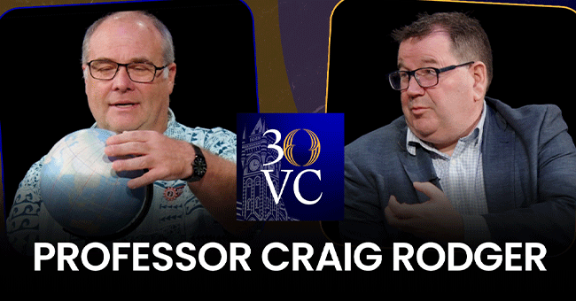 professor craig rodger holding a globe, grant robertson asking a question
