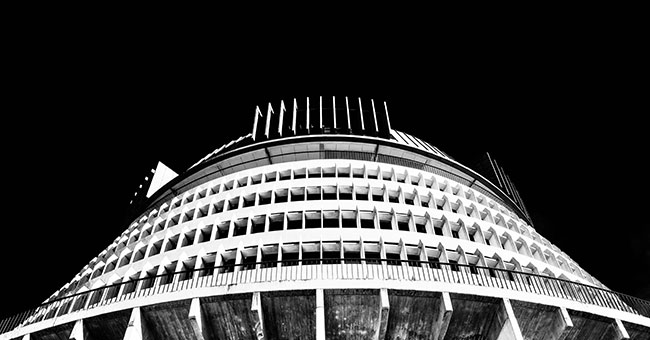 Black and white image of NZ Parliament 