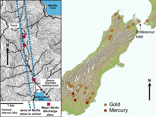 Location of Endeavour Inlet (right), and a detailed map of the area (left)
