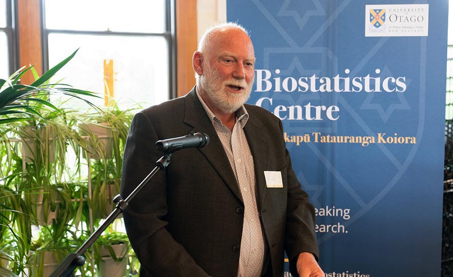 Emeritus Professor Peter Herbison speaking at Biostatistics Centre launch event image