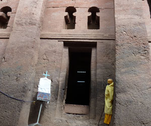 One of eleven 13th century Ethiopian Orthodox churches cut out of basaltic scoria from the East African Rift in Lalibela, Ethiopia