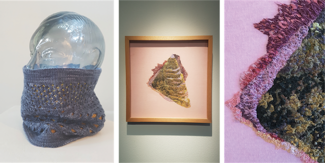 Artworks inspired by biochemistry: “Dirty Ice” knitted cowl (left) and an embroidery on phycoerythrin-dyed linen in full perspective (middle) and detail (right)
