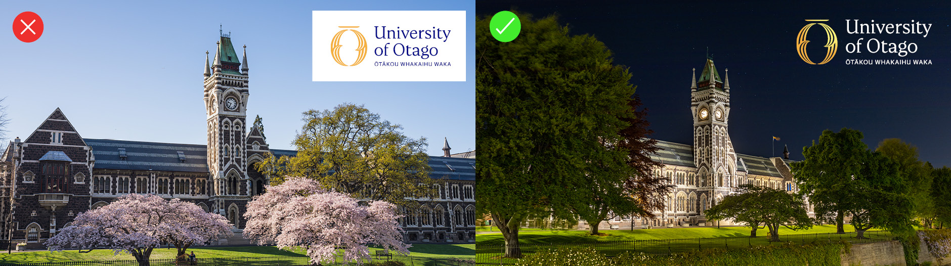 Examples of correct and incorrect compositions of the University of Otago wordmark with images of the Clocktower Building.