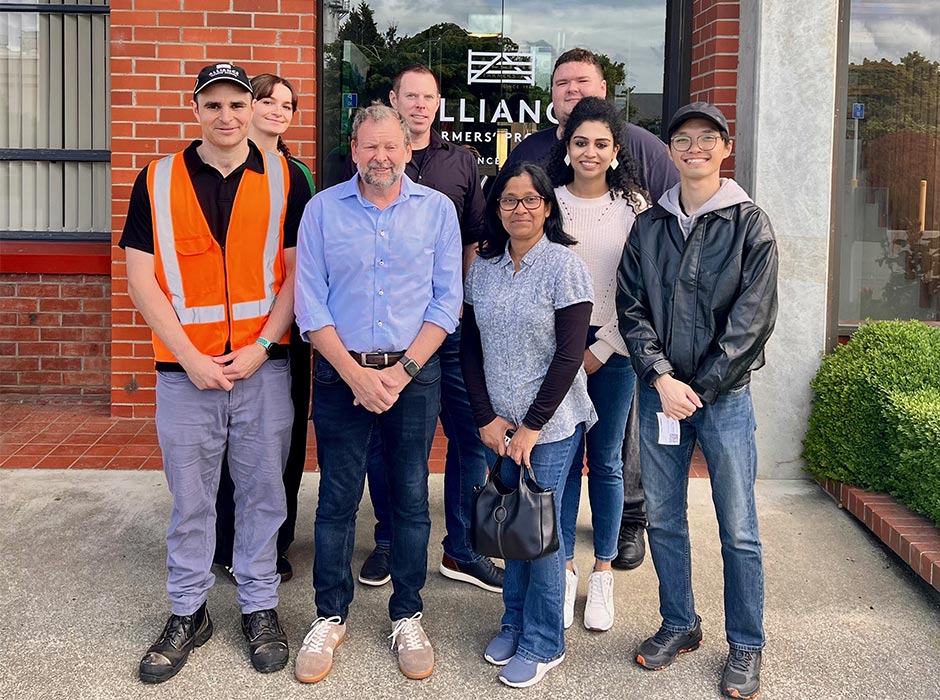 Left to right: Alliance Group Limited, Technical Compliance Manager Bradley Croft, Molly Player, Professor Phil Bremer, Associate Professor Daniel Pletzer, Dr Sharmila Jayatilake, Dr Sam Wardell, Dr Shilpa Nair, and Evan Frederick.  