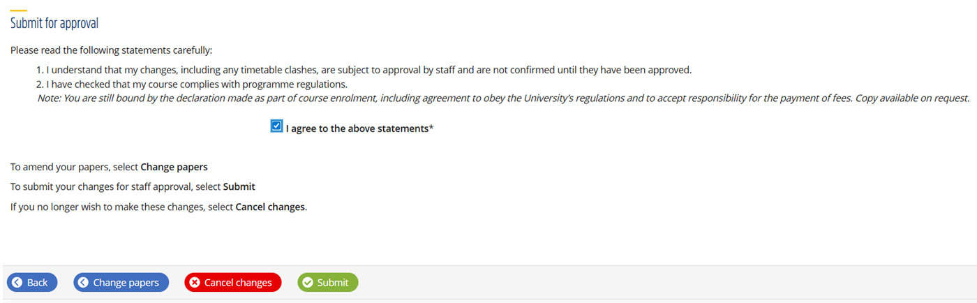 Submit for approval prompt screenshot in eVision, with tick box 'I agree to the above statements'. Below are 4 buttons: Back (blue), Change papers (blue), Cancel changes (red), and Submit (green).