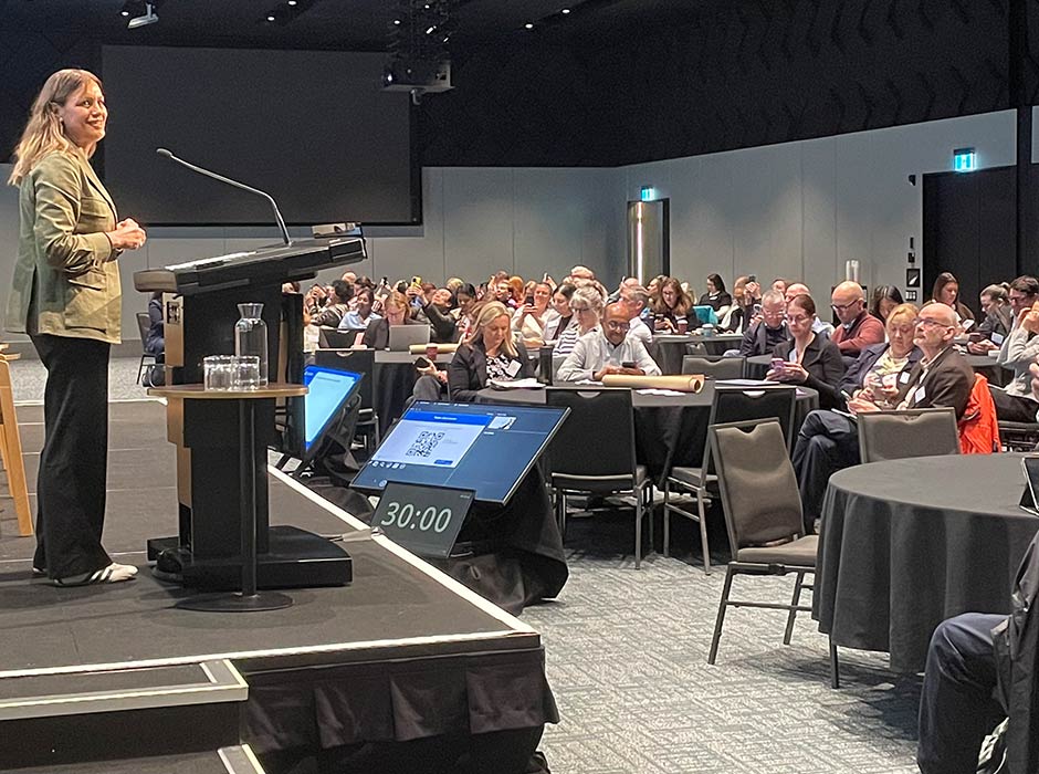 University of Otago Faculty of Medicine Dean Professor Suzanne Pitama chairs the first session at the MDANZ conference held at Te Pae in Ōtautahi.