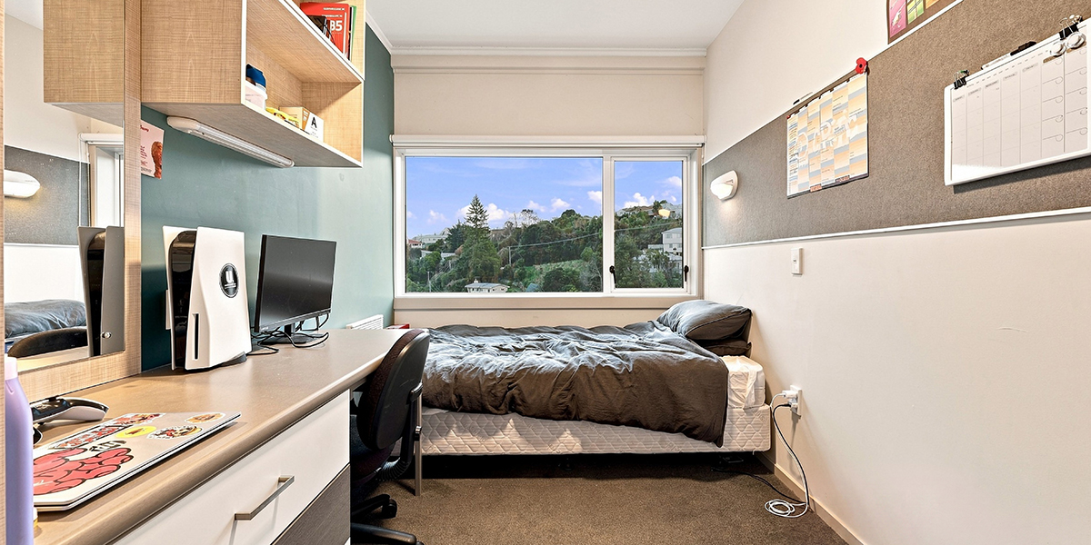 Student bedroom with view of Dunedin hills