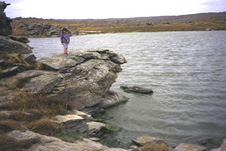 The rocky shore when the lake is full. The water is less than 1 metre deep.