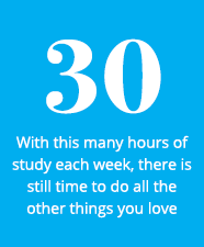 Sky blue box containing the text: 30 - With this many hours of study each week, there is still time to do all the other things you love