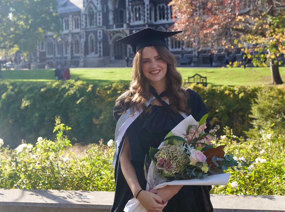 Otago Law alumna Caccia Armstrong, pictured here on her graduation day, credits her former professors for encouraging her to further her legal studies at Oxford.