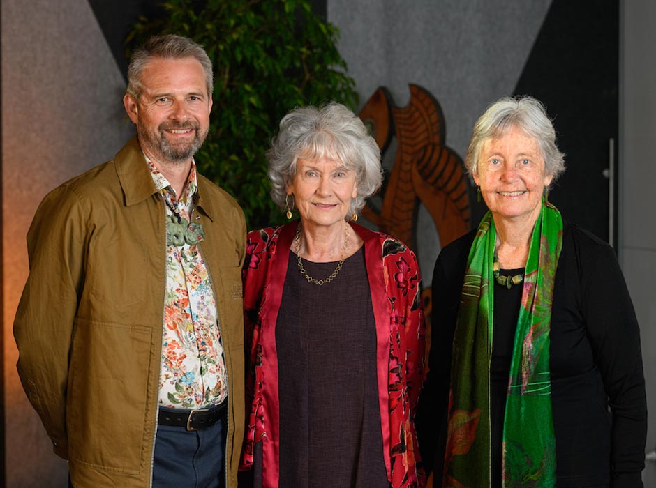 Barbara Else, centre, who received the Prime Minister’s Award for Literary Achievement for Fiction last month, is pictured with fellow Otago alumna Dinah Hawken, right, and non-fiction award winner Ross Calman, at the gala event. Photo: Mark Tantrum 
