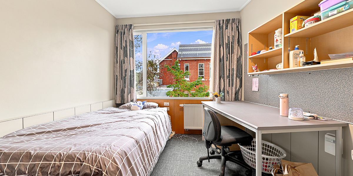 Bedroom with bed, desk and bookshelves