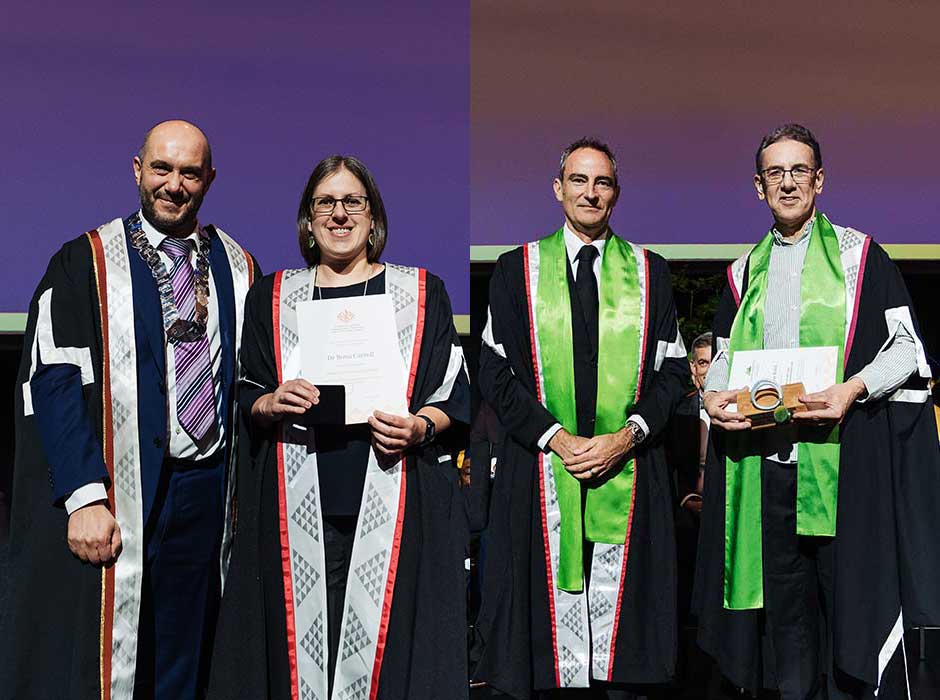 A composite photo of Dr Rona Carroll (second from left), with College President Dr Luke Bradford; and (far right) Dr Matt Born, with College Chair of the Division of Rural Hospital Medicine Dr Andrew Laurenson.