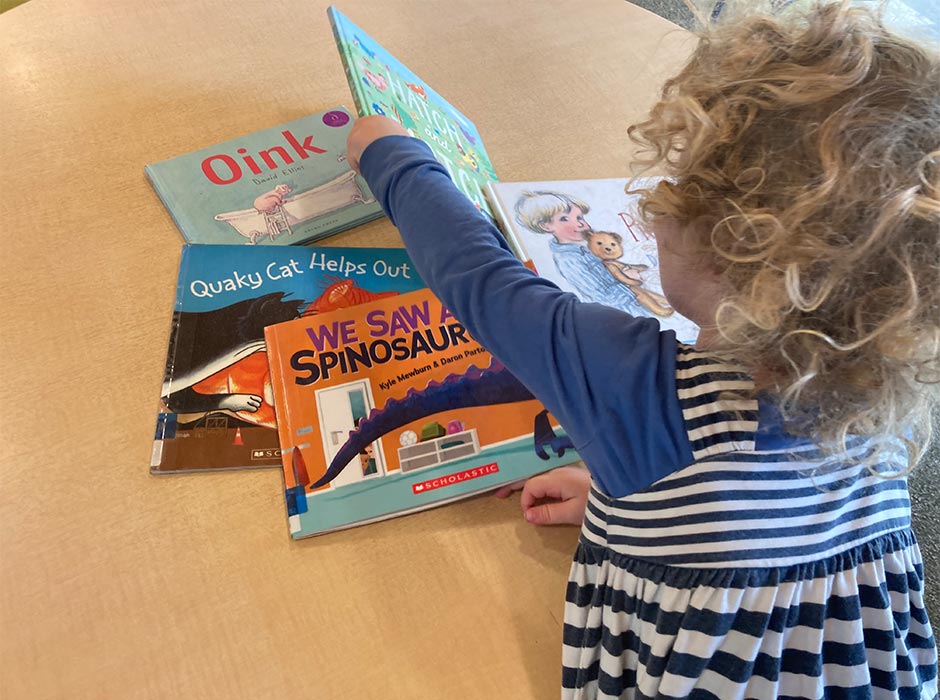 A child looks at picture books.