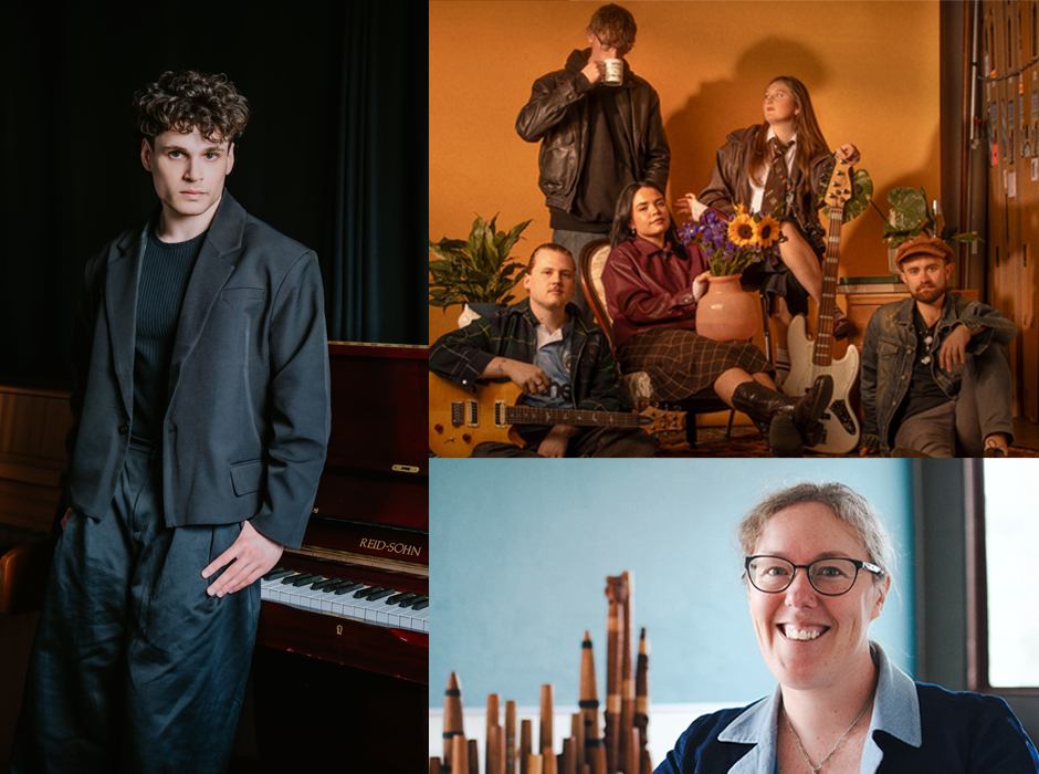 a composite image composed of three separate images, first image on the left hand side is of a man standing in front of a piano, the second image is of five musicians some seated on a couch some standing behind them, the third image is of a woman wearing a blue top.