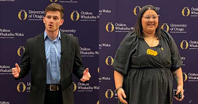 a composite of two images, the first a man from waist up speaking, the second a woman from waist up speaking 