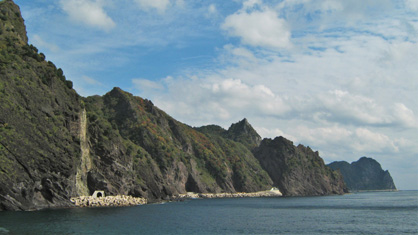 Precipitous basalt and trachyte cliffs at Ulleung Island.
