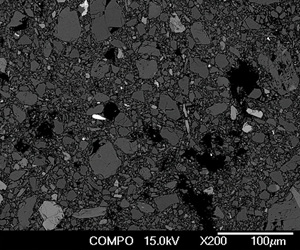 Alpine Fault cataclasite, with grains of quartz at different stages of fragmentation