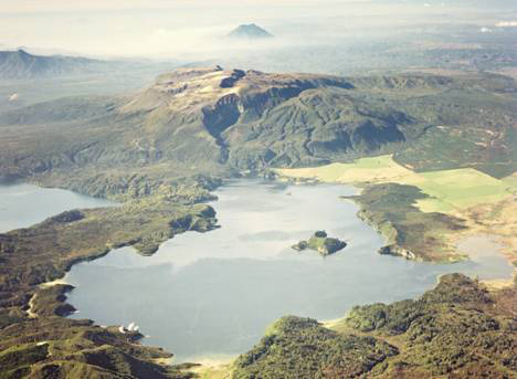 Aerial view of Tarawera Volcanic Complex and Lake Rotomahana looking down the trend of the 1886 fissure