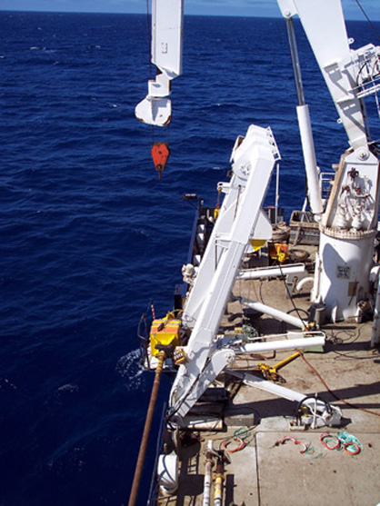Figure 2: Calypso piston coring system. The lead weight (up to 10 tonnes) drives the core pipe into marine sediment. The longest core recovered on this cruise was over 39 m long (MD06-2987).