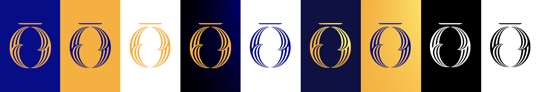 Nine varied examples of combinations of brand colours for the University of Otago tohu and background.