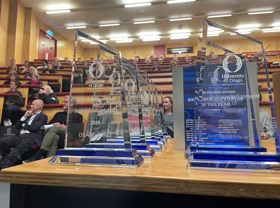 awards sitting on a lecturn at the front of a lecture theatre 